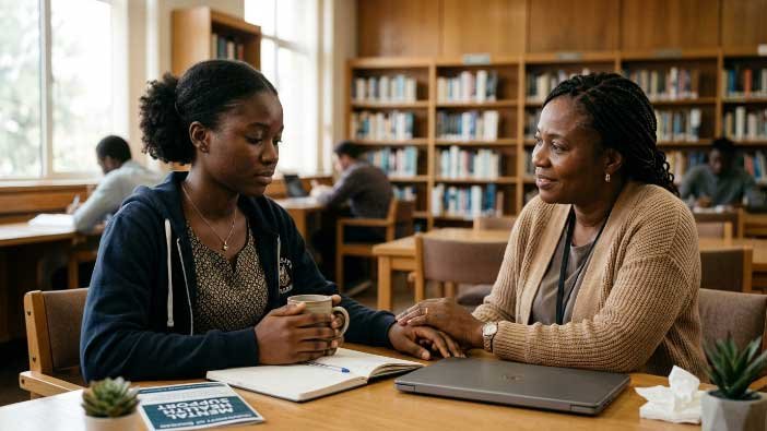 A realistic young Black Nigerian university student sitting thoughtfully in a quiet study environment while receiving emotional support from a counselor